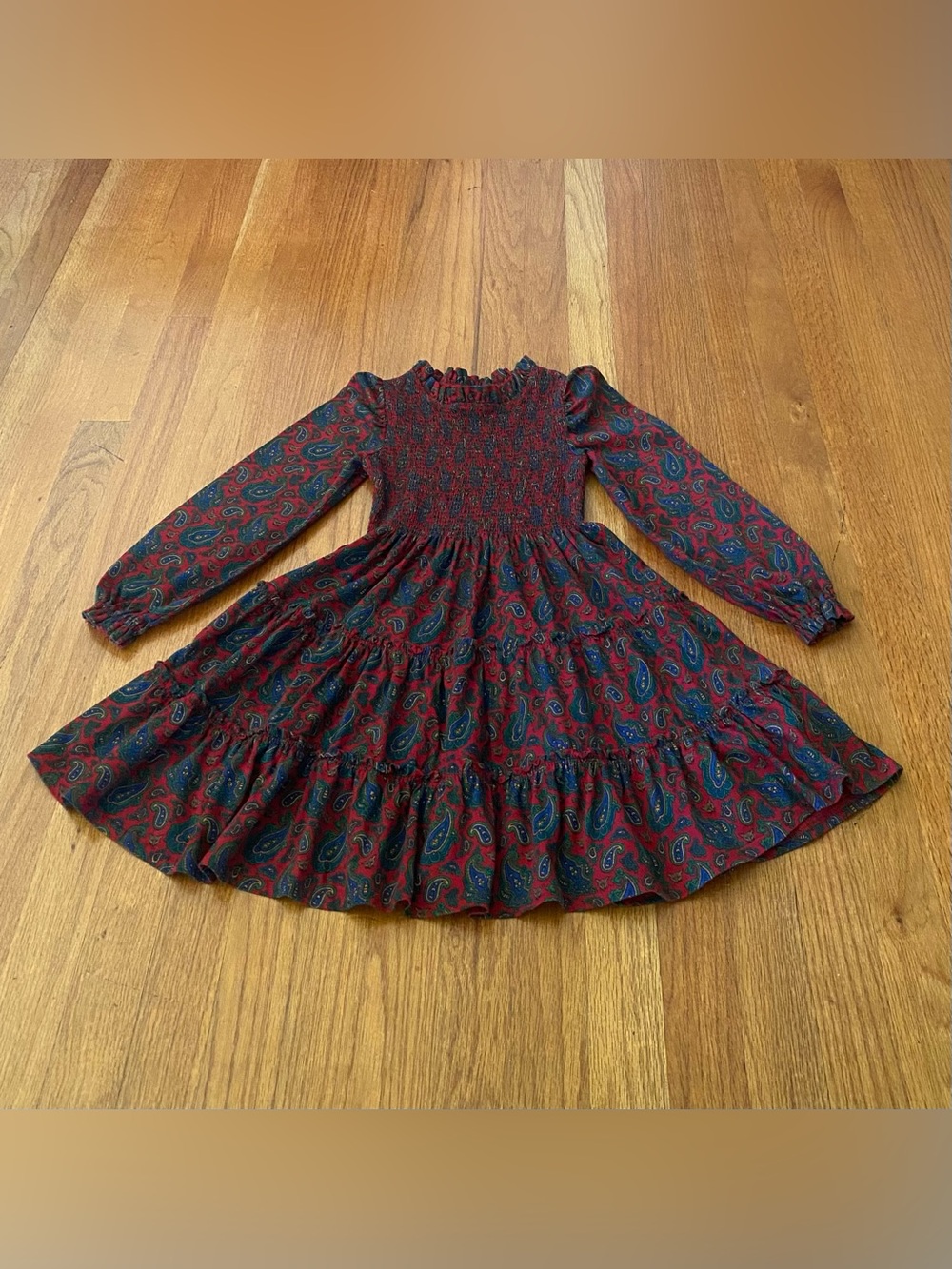 Polo by Ralph Lauren Smocked Paisley Cotton Long-Sleeve Tiered Dress